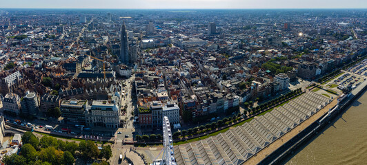  Aerial panorama view of the old town in the city Antwerpen on an overcast day in spring 