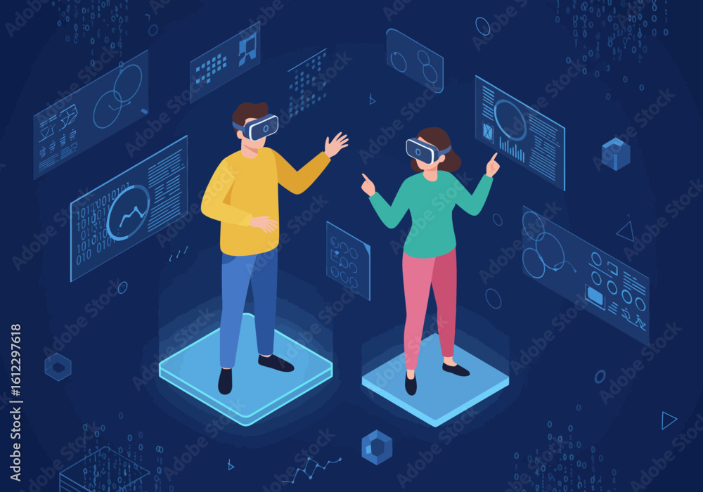 Poster two people immersed in virtual reality technology experiencing digital interfaces and futuristic dat