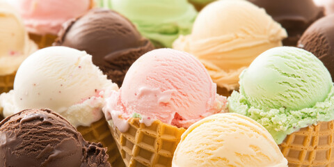 Scoops of various flavored ice cream on waffle cones arranged closely together. Delicious desserts and sweet treats concept