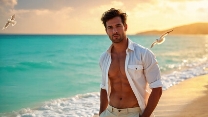 man on the beach at sunset