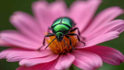 A large green beetle on a beautiful pink flower 
