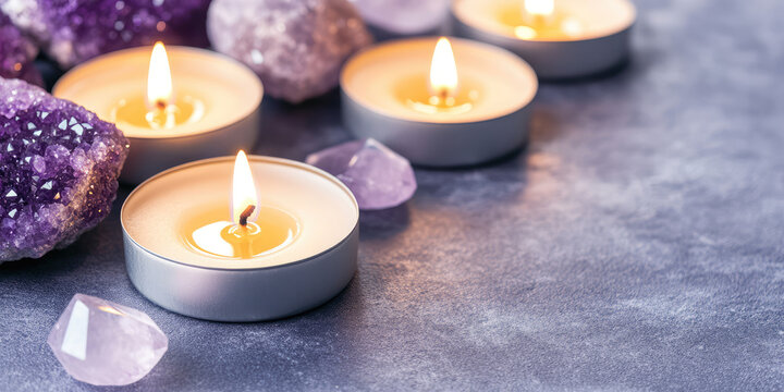 tealight candles are lit around amethyst and clear quartz crystals on a textured surface. Relaxation, meditation, tranquility