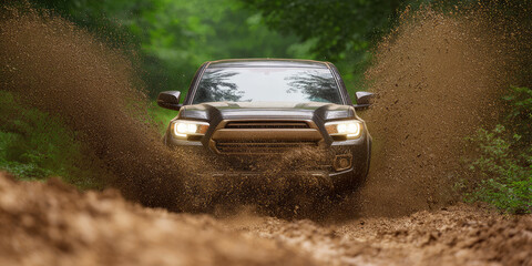 A truck is driving through a muddy forest path, splashing mud around. Off-road adventure, action