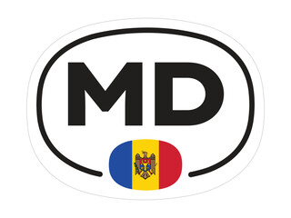Moldova Country Code Sticker – Oval MD Emblem with Tricolor Flag and National Crest on Isolated Background for Travel and Regional Identity Graphics