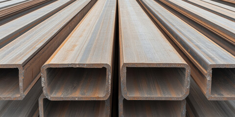 Steel beams are stacked in an industrial setting, displaying their rectangular hollow section. Concept: construction materials, industrial steel components
