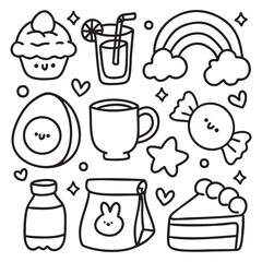 Cute Kawaii Hand Drawn Doodles Elements for Coloring Page