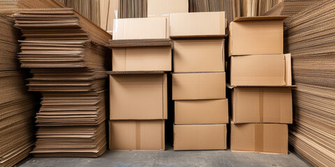Stacks of cardboard boxes and flattened sheets are arranged in a warehouse. Packaging and storage concept
