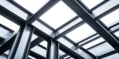 Steel beams intersect with each other in a geometric pattern, creating an abstract architectural design. Modern architecture, geometry, industrial design
