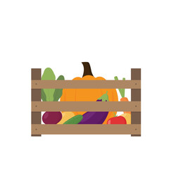Vegetables in wooden box. Flat style vector illustration.