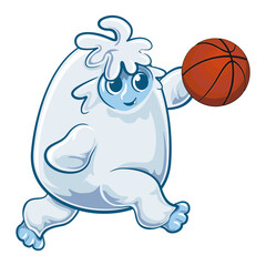 cute yeti playing basketball, cartoon snow monster holding ball vector illustration, work of hand drawn