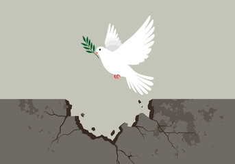 Naklejka premium A Symbol of Hope a White Dove Carries an Olive Branch Across a Cracked and Broken Wall Representing the Triumph of Peace Over Destruction and Adversity