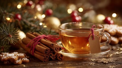 ceylon cinnamon with tea and festive christmas decor in warm cozy setting