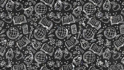 Looping animation featuring white hand-drawn school icons—books, globes, apples, clocks—on a black chalkboard background, perfect for educational or classroom-themed visuals. - Powered by Adobe