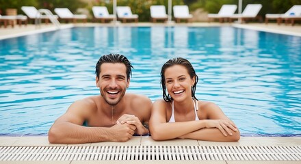 Realistic Photography of a cheerful romantic couple enjoying their summer honeymoon holiday, relaxing in a crystal-clear swimming pool and smiling happily at the camera. Ideal for vacation and love