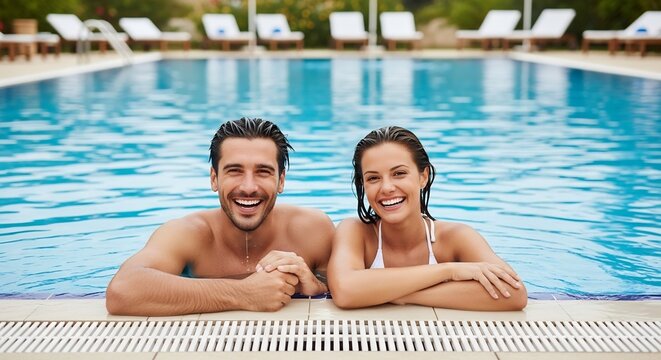 Realistic Photography of a cheerful romantic couple enjoying their summer honeymoon holiday, relaxing in a crystal-clear swimming pool and smiling happily at the camera. Ideal for vacation and love