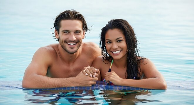 Realistic Photography of a cheerful romantic couple enjoying their summer honeymoon holiday, relaxing in a crystal-clear swimming pool and smiling happily at the camera. Ideal for vacation and love