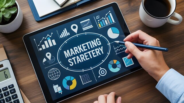 A person using a tablet displaying marketing strategy charts on a wooden desk with coffee cup