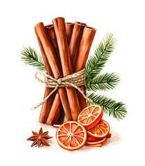 Watercolor illustration of a bundle with cinnamon sticks, dried orange slices, pine branches, and star anise. on white background