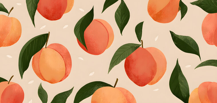Sweet peaches and leaves on beige background