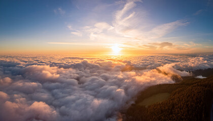 aerial flight breathtaking golden sunset clouds seamless dreamy sky motion background sun shining misty cloud formations