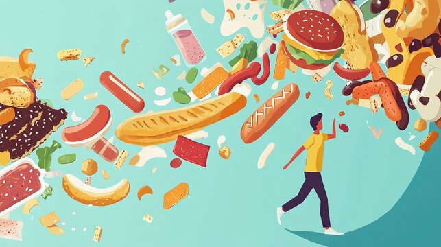 Person walking away from processed foods to prioritize liver health and wellness in a bright illustration