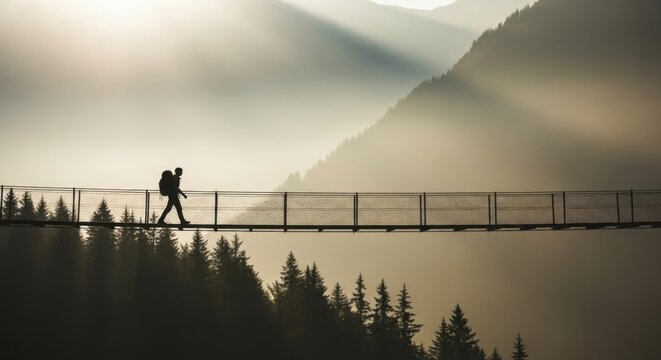 A lone hiker crosses a suspension bridge over a misty mountain forest at sunrise
