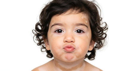 Adorable toddler with vitiligo making a kissy face isolated on a clean white background concept of natural beauty acceptance and diversity