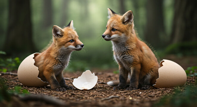 red fox vulpes in the grass easter bunny with eggs baby  haching an egg new births in jungle
