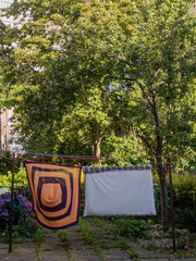 Laundry hanging on a clothesline in a garden in Edinburgh, Scotland, United Kingdom