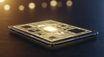 Modern tablet displays glowing circuit board with bright technological innovation