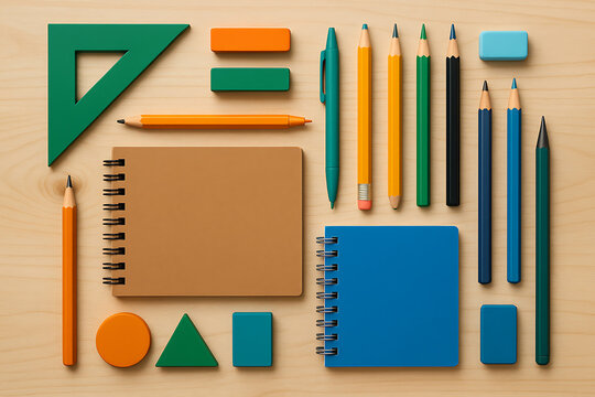 Creative Flat Lay of Colorful School Supplies with Spiral Notebooks, Pencils, Pens, and Geometric Shapes on Wooden Desk