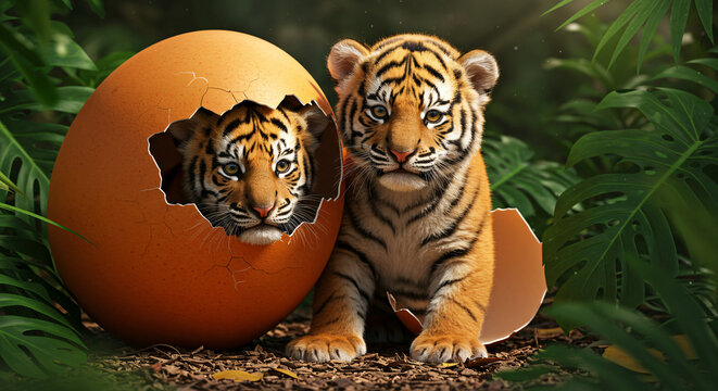 tiger in the jungle in the grass easter bunny with eggs baby  haching an egg new births in jungle