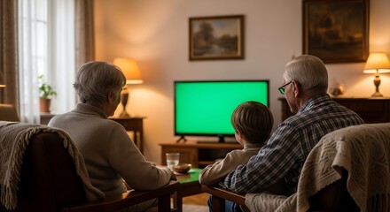 Elderly couple and grandchild watch television together in a cozy living room.