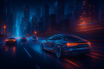 Fototapeta premium Futuristic Sports Cars Racing Through Neon City at Night