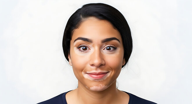 Close up of a smiling young woman with vitiligo and dark hair isolated on a white background representing beauty diversity