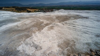 Panoramic view of Pamukkale's travertine terraces.