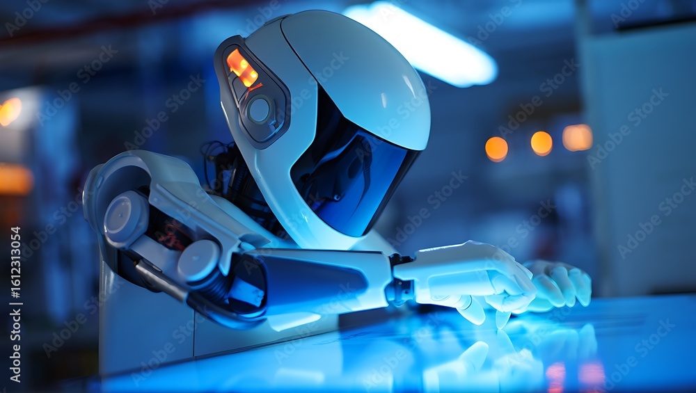 Poster futuristic robot with glowing eyes working in a high tech laboratory