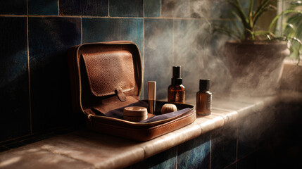 Leather grooming kit open on a tiled bathroom counter
