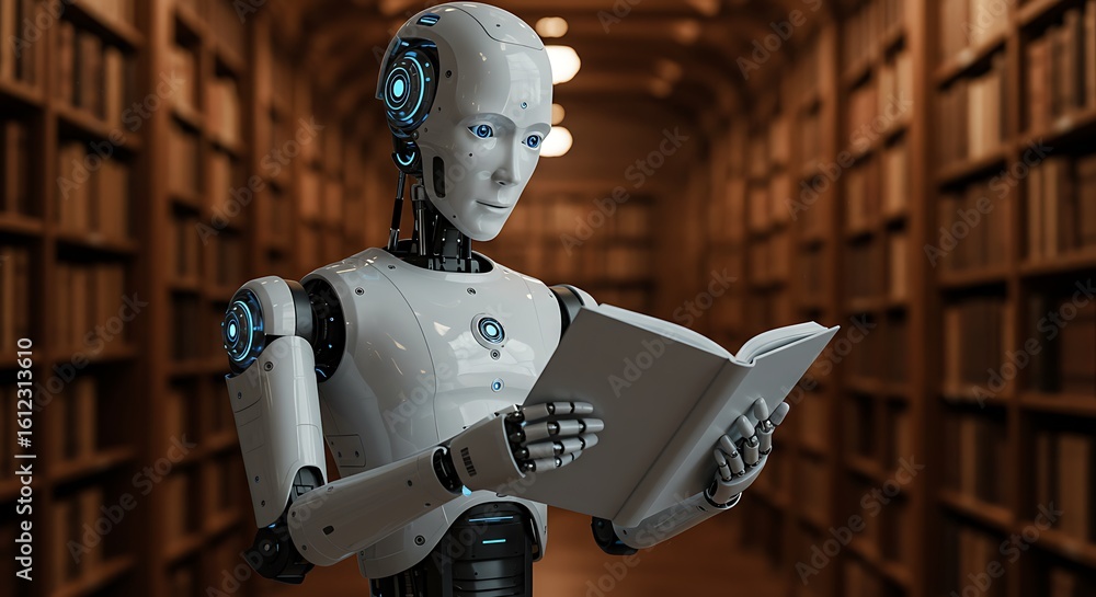 Poster humanoid robot reading a book in a library