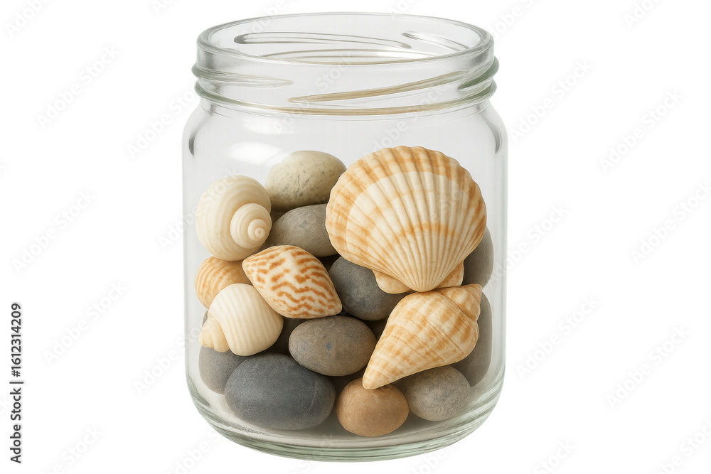 Poster glass jar containing various seashells and pebbles on a transparent background