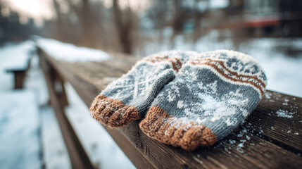 Warm woolen mittens dusted with snow resting on a weathered wooden bench in a crisp winter landscape