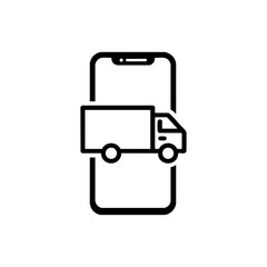Obraz premium Outline vector of a truck emerging from a smartphone screen, symbolizing mobile delivery tracking or ordering.