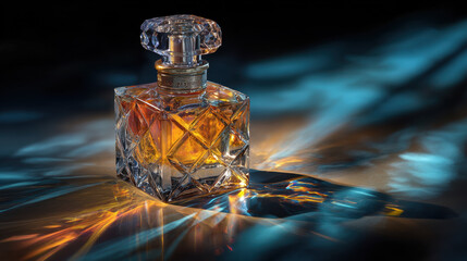  Crystal‑cut perfume bottle on a mirrored surface with prismatic reflections