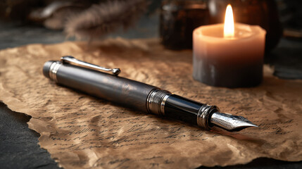 Luxury refillable metal fountain pen on aged parchment beside a burning candle