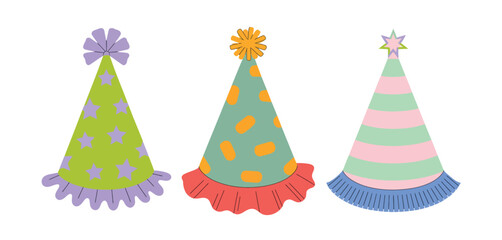 Three colorful party hats with decorative elements for celebrations