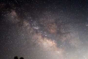 Milky Way arcs across a dark, star-filled sky, revealing the galaxy’s glowing core above a faint silhouetted horizon—perfect for astronomy, nightscape, and cosmic-themed projects.