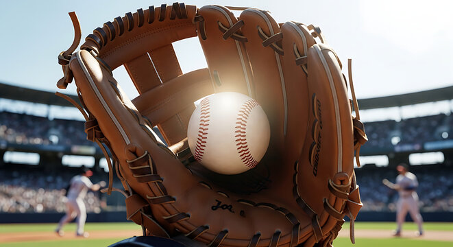 Close up of a baseball settling into a worn leather glove in a stadium setting with blurred players and stands on a sunny day