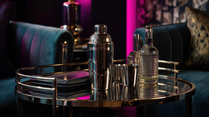 A stainless steel cocktail shaker on a mirrored bar cart, moody neon accents