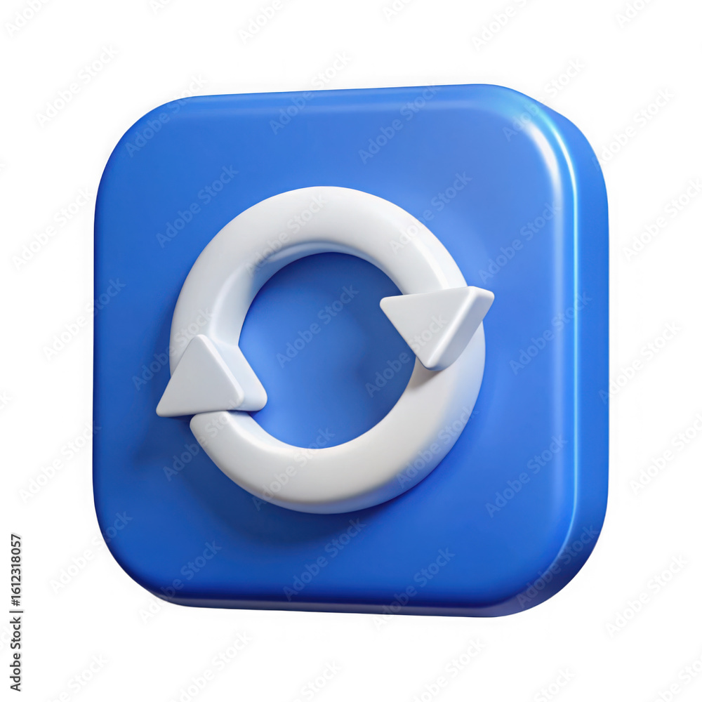 Poster 3d rendering of a white circular refresh arrows icon on a blue rounded square button isolated on tra
