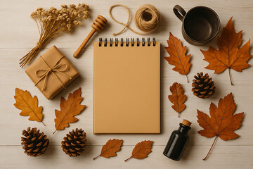Autumn Flat Lay with Notepad, Leaves, and Gift Box